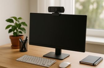 Webcam full HD montata su un monitor in una postazione home office