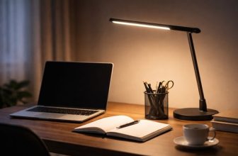 Scrivania da ufficio illuminata da una lampada da tavolo a LED