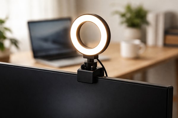 Ring light LED a clip montata sul bordo di un monitor per illuminare il viso in videochiamata