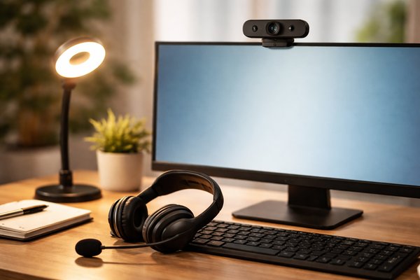 Dettaglio di una postazione per videochiamate con webcam, luce LED e cuffie
