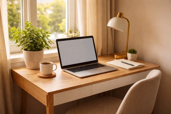 Postazione di smart working ordinata vicino a una finestra