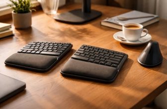 Tastiera ergonomica split con poggiapolsi accanto a un mouse verticale sulla scrivania