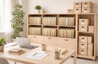 Mobile archivio d'ufficio con cartelle sospese ordinate e scatole archivio