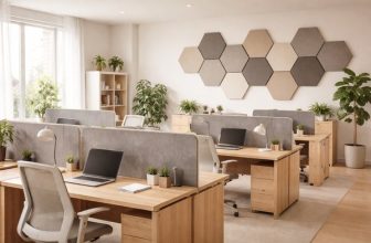 Open space con divisori fonoassorbenti tra le scrivanie per ridurre il rumore in ufficio